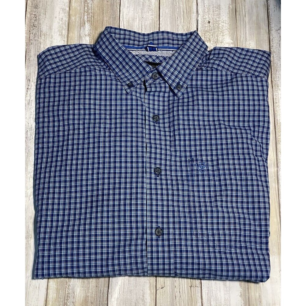 Men's Ariat Pro Series Long Sleeve Blue Paid‎ Button Down Shirt Size Medium